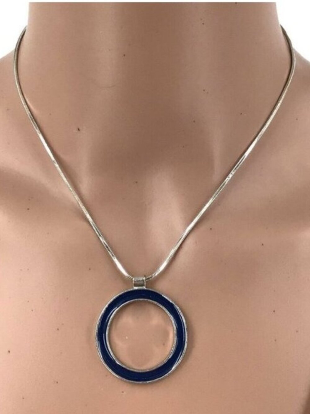 Pendant Necklace Silver Tone Navy Blue 16 Inch length Women Enamel Center